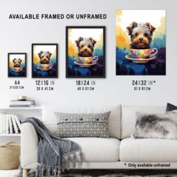 Artery8 Wall Art Print Tea Cup Yorkshire Terrier Dog Lover Gift Pet Portrait Blue Purple Orange Artwork Painting Art Framed - Size: A4 - thumbnail 3