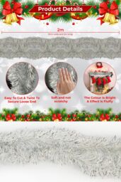 Neel Blue Chunky Christmas Tinsel Garland Shiny Metallic with White Xmas Tree Decor, 2m in Silver - thumbnail 2