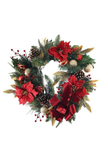 KDMD Poinsettia Wreath with Baubles - Red Gold 60cm - image 1