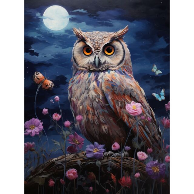 Artery8 Wall Art Print Majestic Owl Portrait Oil Painting Great Horned Purple Pink Blue Full Moon in Spring Meadow with Wildflowers Poster - image 1