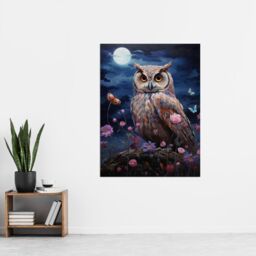 Artery8 Wall Art Print Majestic Owl Portrait Oil Painting Great Horned Purple Pink Blue Full Moon in Spring Meadow with Wildflowers Poster - thumbnail 2