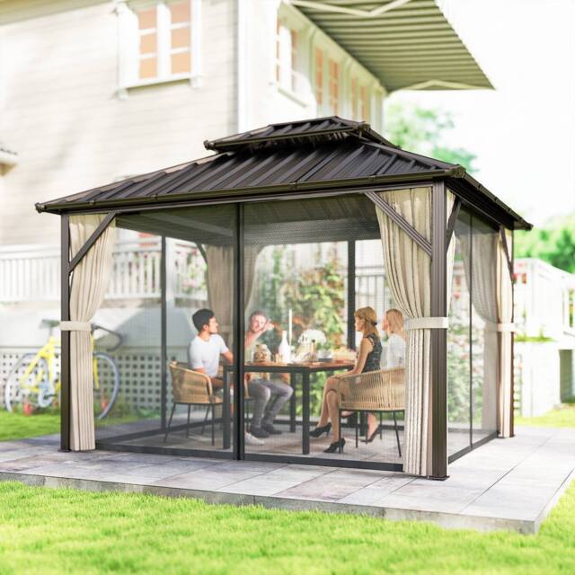 OUTSUNNY 3 x 3 m Hardtop Gazebo Canopy with Aluminium Frame, Garden Gazebo in Brown - image 1