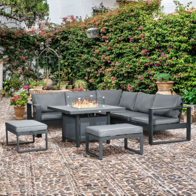 OUTSUNNY 6-Piece Garden Furniture Set with Firepit Table Outdoor Sofa Aluminium in Grey - image 1