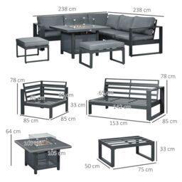 OUTSUNNY 6-Piece Garden Furniture Set with Firepit Table Outdoor Sofa Aluminium in Grey - thumbnail 3