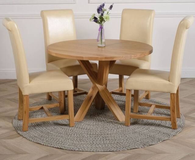 Thats Furniture Oregon Round Oak Dining Table & 4 Washington Leather Chairs in Cream - image 1