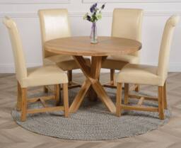 Thats Furniture Oregon Round Oak Dining Table & 4 Washington Leather Chairs in Cream - thumbnail 1