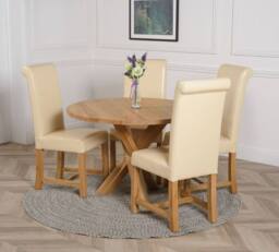 Thats Furniture Oregon Round Oak Dining Table & 4 Washington Leather Chairs in Cream - thumbnail 3