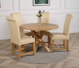 Thats Furniture Oregon Round Oak Dining Table & 4 Washington Leather Chairs in Cream - thumbnail 2