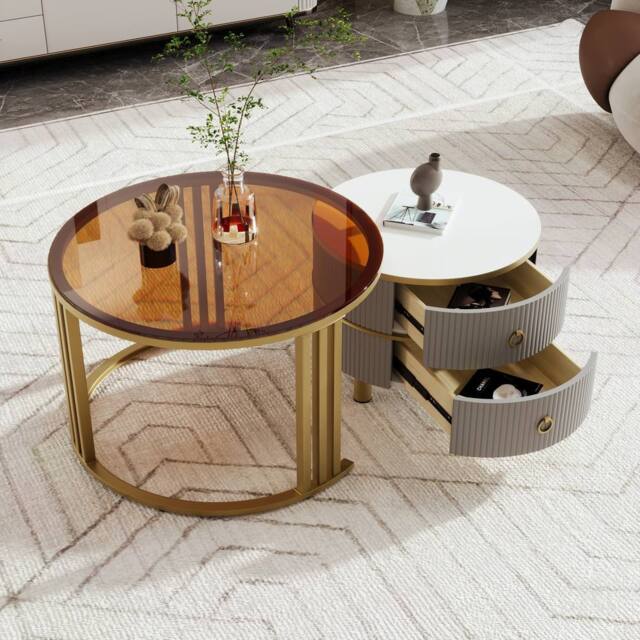 BTM Round Nesting Coffee Tables with 2 Drawers, 2-in-1 Set in Grey - image 1