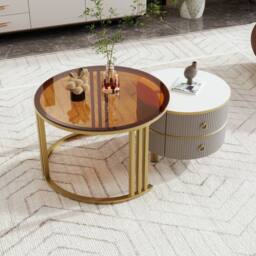 BTM Round Nesting Coffee Tables with 2 Drawers, 2-in-1 Set in Grey - thumbnail 3