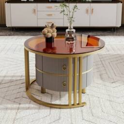 BTM Round Nesting Coffee Tables with 2 Drawers, 2-in-1 Set in Grey - thumbnail 4