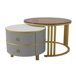 BTM Round Nesting Coffee Tables with 2 Drawers, 2-in-1 Set in Grey - thumbnail 8