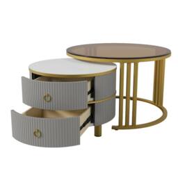 BTM Round Nesting Coffee Tables with 2 Drawers, 2-in-1 Set in Grey - thumbnail 7