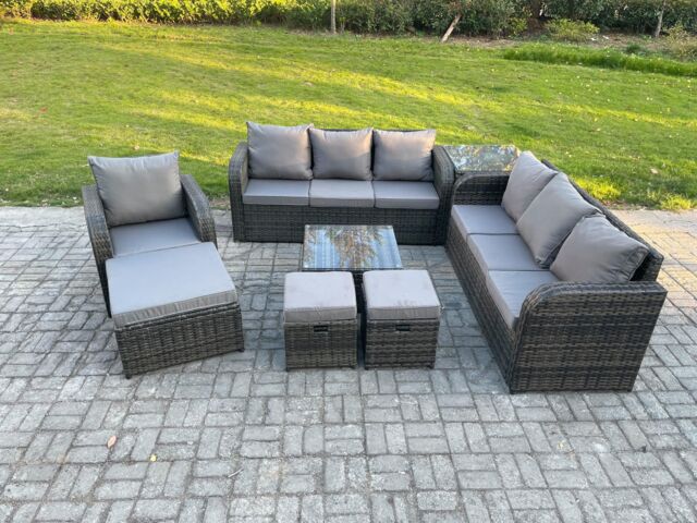 Fimous 10 Seater Outdoor Rattan Garden Furniture Set Conservatory Patio Sofa Coffee Table With 3 Footstools Side Table Dark Grey Mixed - image 1