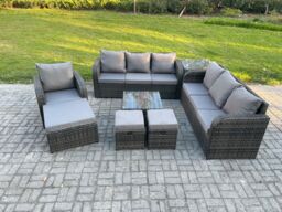 Fimous 10 Seater Outdoor Rattan Garden Furniture Set Conservatory Patio Sofa Coffee Table With 3 Footstools Side Table Dark Grey Mixed - thumbnail 1