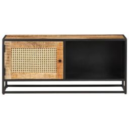 Berkfield Home TV Cabinet 90x30x40 cm Rough Mango Wood & Natural Cane in Brown - Size: 90 x 30 x 40 cm - thumbnail 3