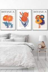 ARTZE Set of 3 Light Grey Framed Bright Orange & Blue Flower Market Wall Art - Size: W45 cm x H62 cm x D20mm