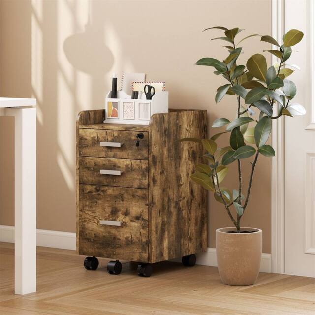 EONLION Brown 3 Drawer Mobile Filing Cabinet - Size: 100 cm - image 1