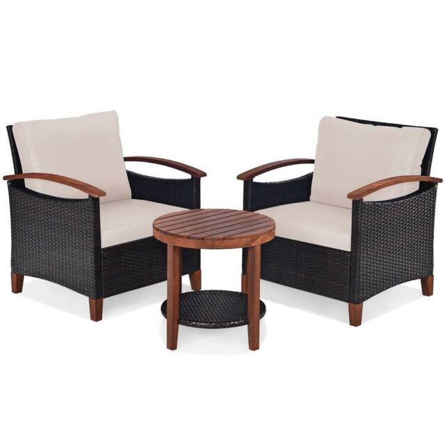 Costway 3pcs Rattan Chair Set Patio Conversation Sofa Set with Wooden Coffee Table in Brown - image 1