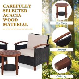 Costway 3pcs Rattan Chair Set Patio Conversation Sofa Set with Wooden Coffee Table in Brown - thumbnail 6