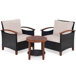 Costway 3pcs Rattan Chair Set Patio Conversation Sofa Set with Wooden Coffee Table in Brown - thumbnail 1