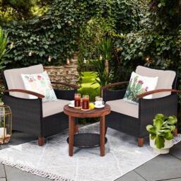 Costway 3pcs Rattan Chair Set Patio Conversation Sofa Set with Wooden Coffee Table in Brown - thumbnail 3