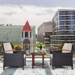 Costway 3pcs Rattan Chair Set Patio Conversation Sofa Set with Wooden Coffee Table in Brown - thumbnail 4