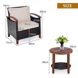 Costway 3pcs Rattan Chair Set Patio Conversation Sofa Set with Wooden Coffee Table in Brown - thumbnail 2