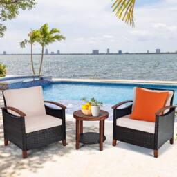 Costway 3pcs Rattan Chair Set Patio Conversation Sofa Set with Wooden Coffee Table in Brown - thumbnail 5