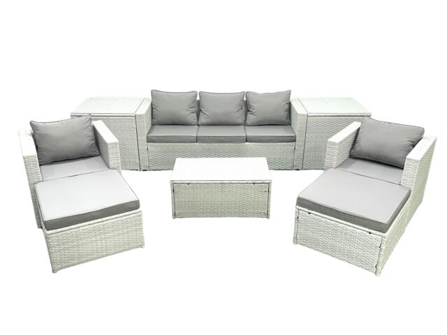 Fimous Rattan Garden Furniture Set with 3 Seater Sofa 2 Chair Rectangular Coffee Table 2 Big Footstools 2 Side Tables Light Grey Mixed 7 Seater - image 1