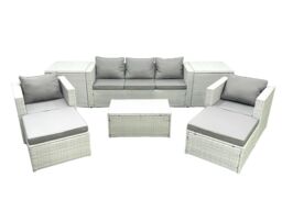Fimous Rattan Garden Furniture Set with 3 Seater Sofa 2 Chair Rectangular Coffee Table 2 Big Footstools 2 Side Tables Light Grey Mixed 7 Seater - thumbnail 1