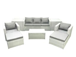 Fimous Rattan Garden Furniture Set with 3 Seater Sofa 2 Chair Rectangular Coffee Table 2 Big Footstools 2 Side Tables Light Grey Mixed 7 Seater - thumbnail 2