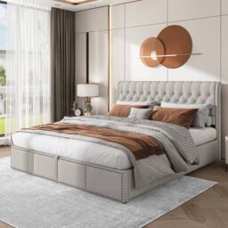 Matteo Upholstered Double Bed - Hydraulic Storage & Rivet Detail - Linen Grey in Light Grey - thumbnail 2