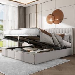 Matteo Upholstered Double Bed - Hydraulic Storage & Rivet Detail - Linen Grey in Light Grey