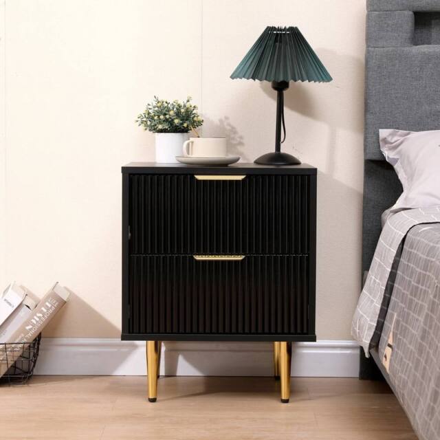 Havendro Bedside Cabinet 2 Drawers, White/Black, Gold Legs - Bedroom Chest in Black - image 1