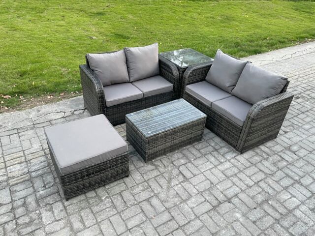 Fimous Outdoor Lounge Sofa Set Rattan Garden Furniture Set with Rectangular Coffee Table Big Footstool Side Table Dark Grey Mixed - image 1