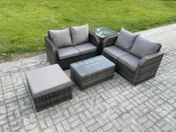 Fimous Outdoor Lounge Sofa Set Rattan Garden Furniture Set with Rectangular Coffee Table Big Footstool Side Table Dark Grey Mixed - thumbnail 1