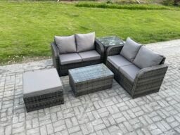 Fimous Outdoor Lounge Sofa Set Rattan Garden Furniture Set with Rectangular Coffee Table Big Footstool Side Table Dark Grey Mixed - thumbnail 2