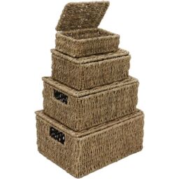 MANTRARAJ Seagrass Set of 4 Rectangular Lidded Storage Baskets Hamper Basket With Lid in Brown