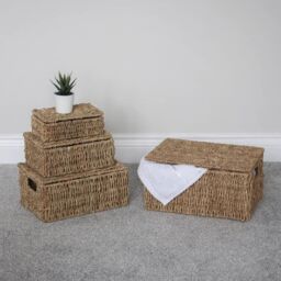 MANTRARAJ Seagrass Set of 4 Rectangular Lidded Storage Baskets Hamper Basket With Lid in Brown - thumbnail 3