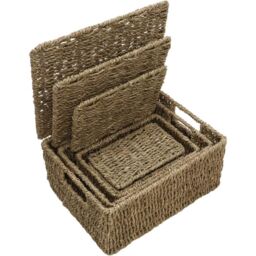 MANTRARAJ Seagrass Set of 4 Rectangular Lidded Storage Baskets Hamper Basket With Lid in Brown - thumbnail 2