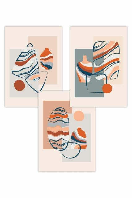 ARTZE Set of 3 Boho Modern Abstract in Blue & Orange Art Posters in Pale Orange - Size: W50 cm x H70 cm - image 1