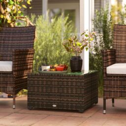 OUTSUNNY Outdoor Coffee Table with Glass Top, Rattan Side Table in Brown
