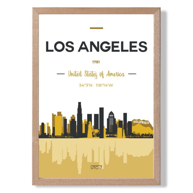 ARTZE Los Angeles Yellow & Black City Skyline Framed Print SIZE: A3 with Oak Frame - Size: A2 - image 1
