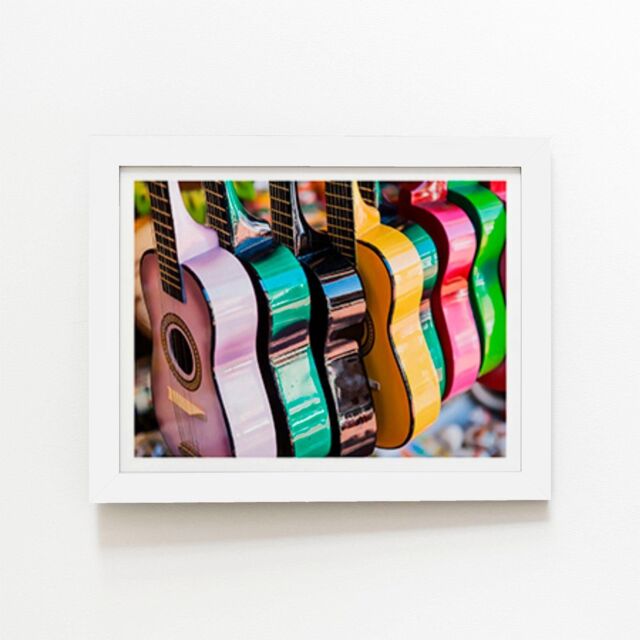 "Warren Reed - Designer Colourful Traditional Mexican Guitars Framed Art Print in White - Size: W16"" x H24""" - image 1