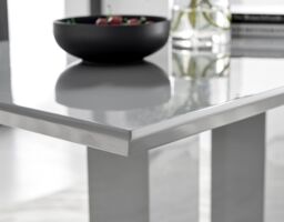 FurnitureboxUK Imperia Grey High Gloss 4 Seater Dining Table with Structural 2 Plinth Column Legs 4 Soft Faux Leather Silver Leg Milan Chairs in Black - thumbnail 3