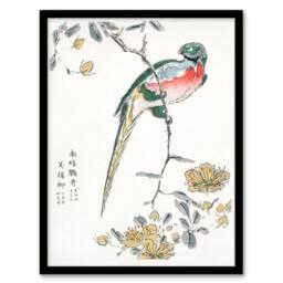 Artery8 Numata Kashu Framed Wall Art Print Macaw Parrot & Peach Flowers - Size: A4 - thumbnail 1