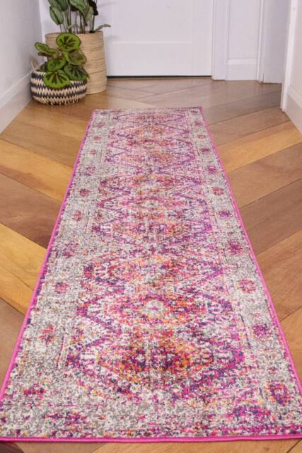 Kukoon Runner Rug Pink Grey Geometric Bordered Long Hallway Rugs in Purple - Size: 60 cm x 240 cm - image 1