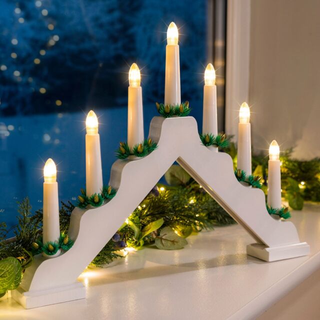 Christow Christmas Candle Bridge Light 7 LED Battery Operated Wooden Decoration L37cm in White - image 1