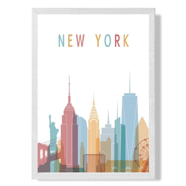 ARTZE New York Colourful City Skyline Framed Print SIZE: A4 with White Frame in Pale Blue - Size: A2 - image 1